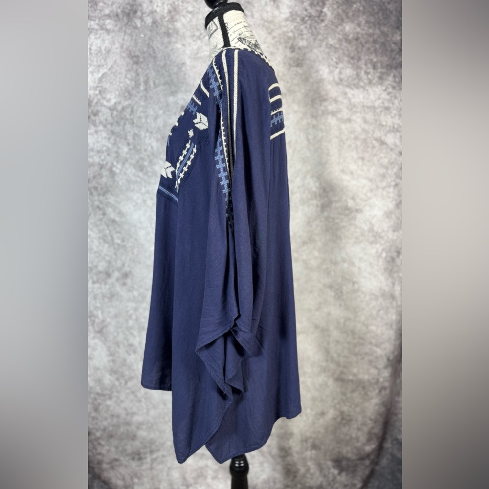 Monoreno Navy Boho Chic Tunic with Geometric Embroidery Linen Blend Size L - Picture 8 of 12